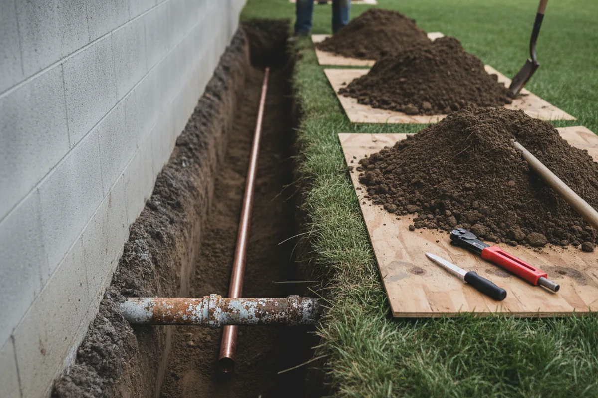 Excavated water line trench during Sewer Line Repair in Trussville